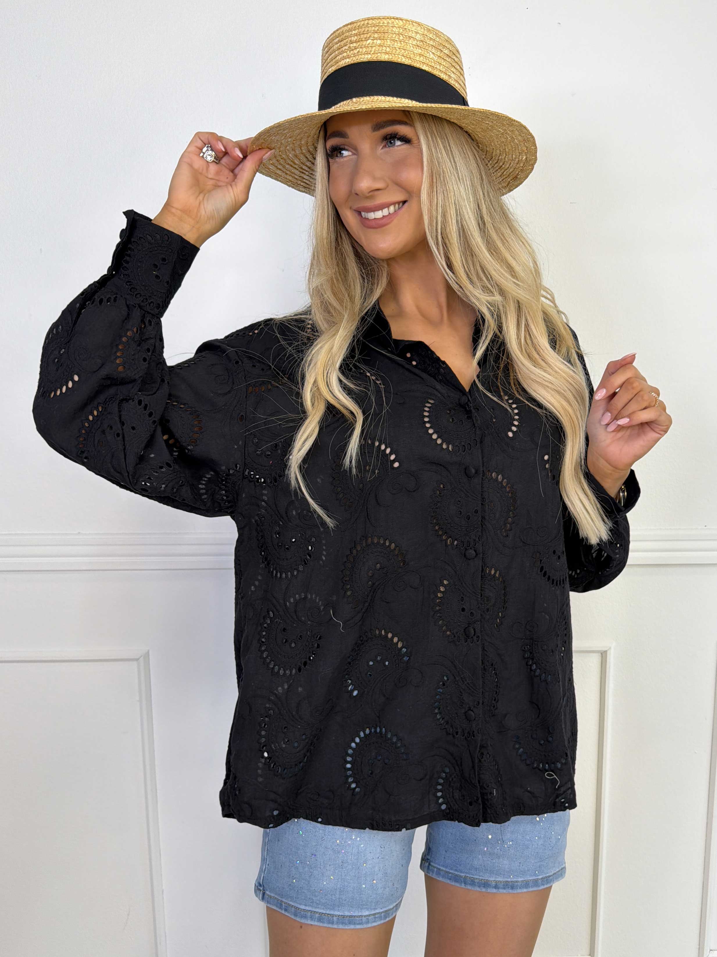 Lona Broderie - Broderie anglaise plus size skjorte i viskose